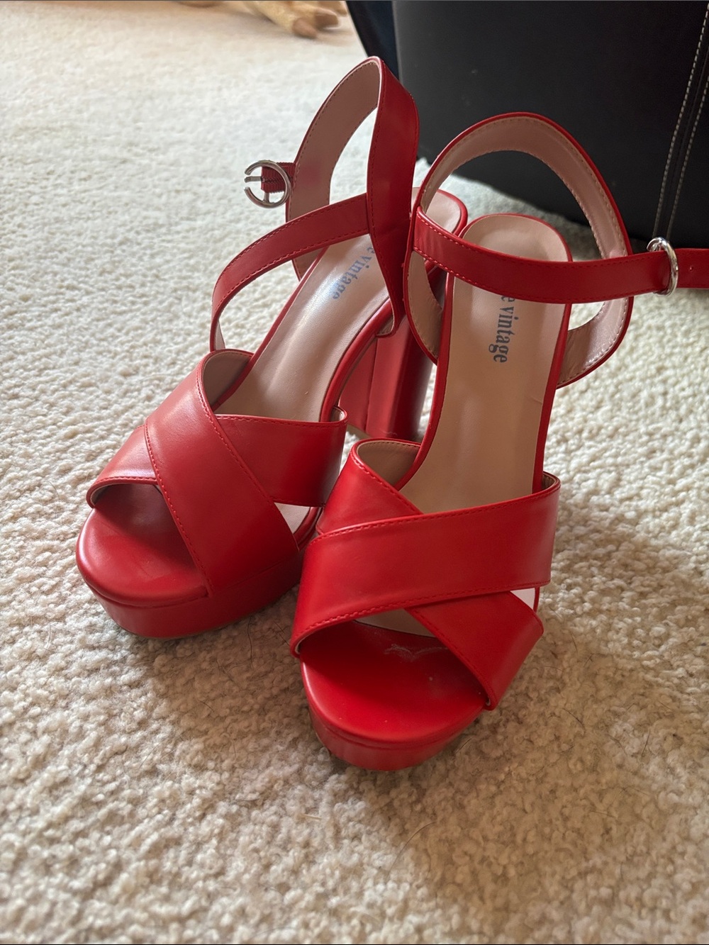 Unique Vintage Red Platform Sandals with Crisscross Straps and Ankle Buckle
